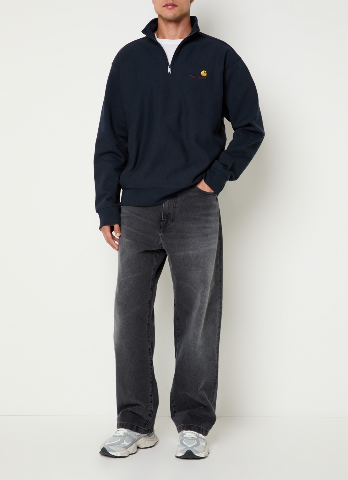 Carhartt WIP Sweater met logo en halve rits - voorkant 3 donkerblauw
