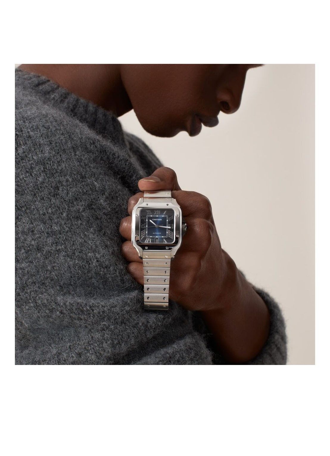 Cartier Santos de Cartier horloge, large model, Blauwe wijzerplaat, automatisch uurwerk, staal, verwisselbare staal en lederen horlogebanden CRWSSA0030 - detail 3 zilver