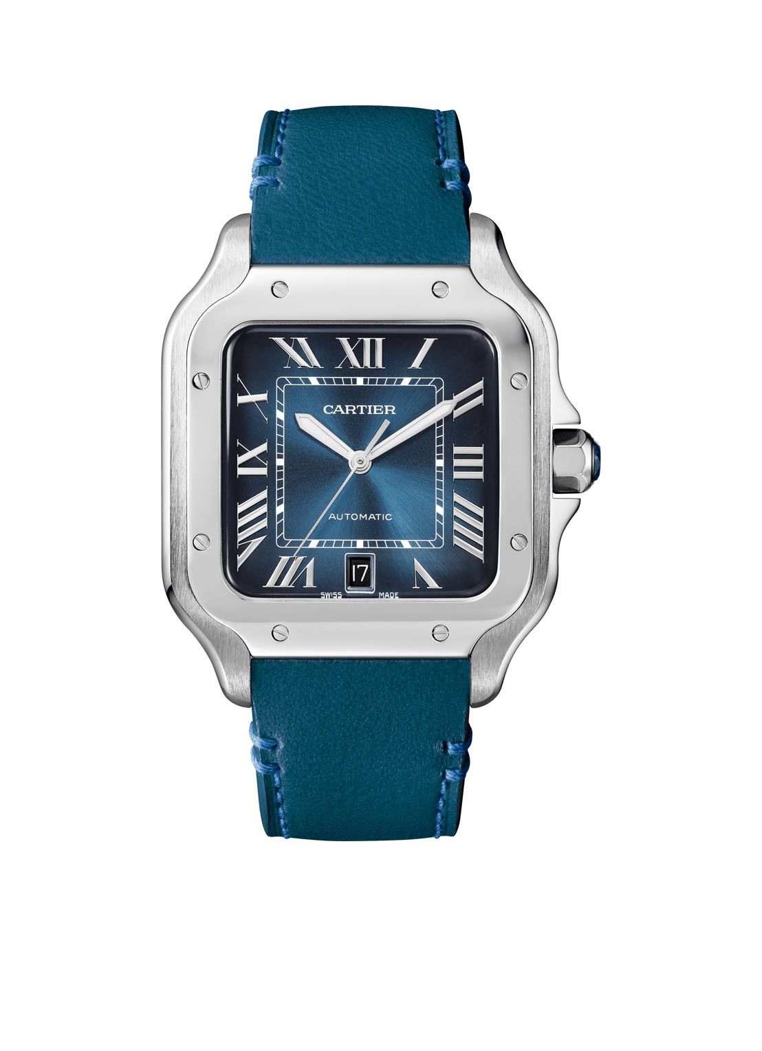 Cartier Santos de Cartier horloge, large model, Blauwe wijzerplaat, automatisch uurwerk, staal, verwisselbare staal en lederen horlogebanden CRWSSA0030 - detail 4 zilver