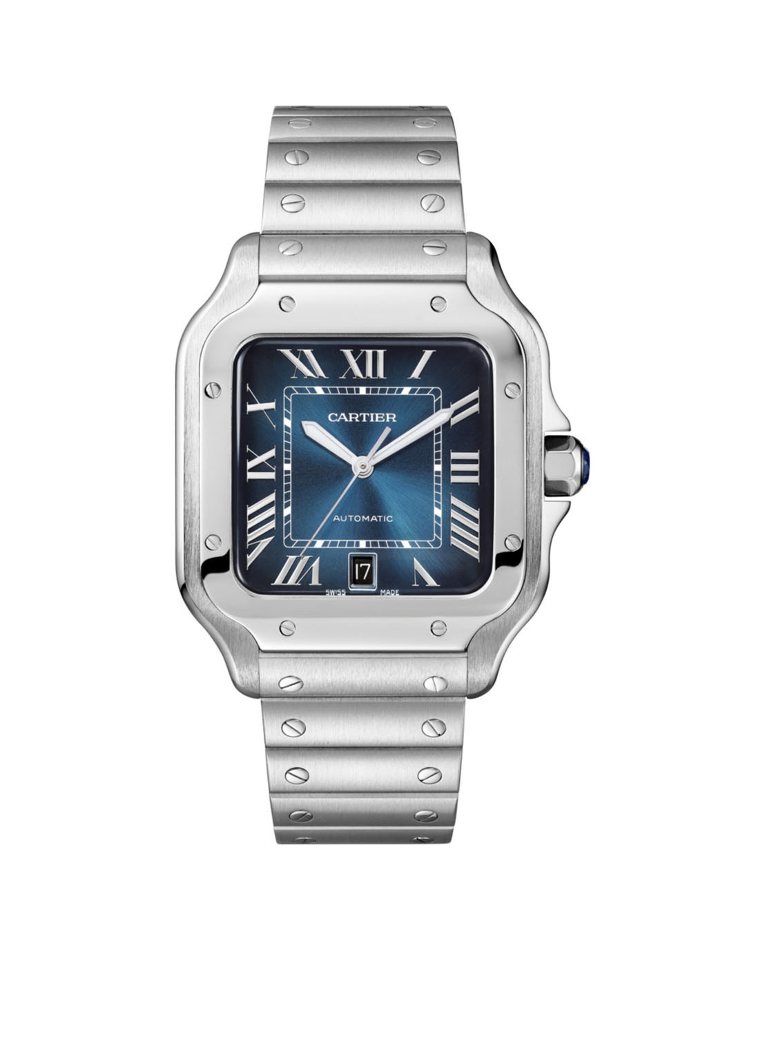 Cartier Santos de Cartier horloge, large model, Blauwe wijzerplaat, automatisch uurwerk, staal, verwisselbare staal en lederen horlogebanden CRWSSA0030 - voorkant zilver