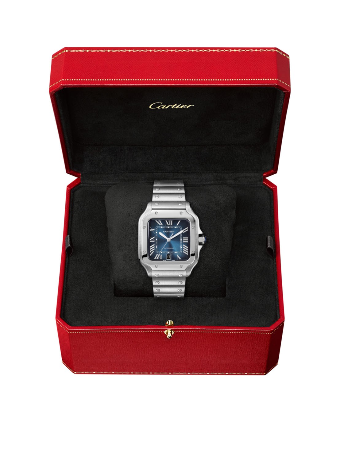 Cartier Santos de Cartier horloge, large model, Blauwe wijzerplaat, automatisch uurwerk, staal, verwisselbare staal en lederen horlogebanden CRWSSA0030 - voorkant 2 zilver