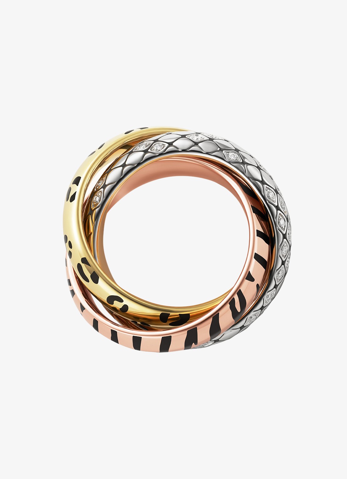 Cartier Trinity ring van 18 karaat rosé-, wit-, en geelgoud met lakwerk en 0.18 ct diamant CRB42417 - detail multicolor