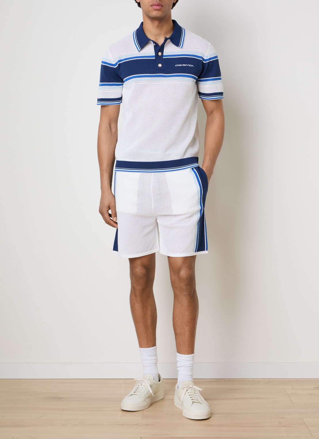 Casablanca Regular fit polo met opengewerkt dessin en logo - voorkant 4 donkerblauw