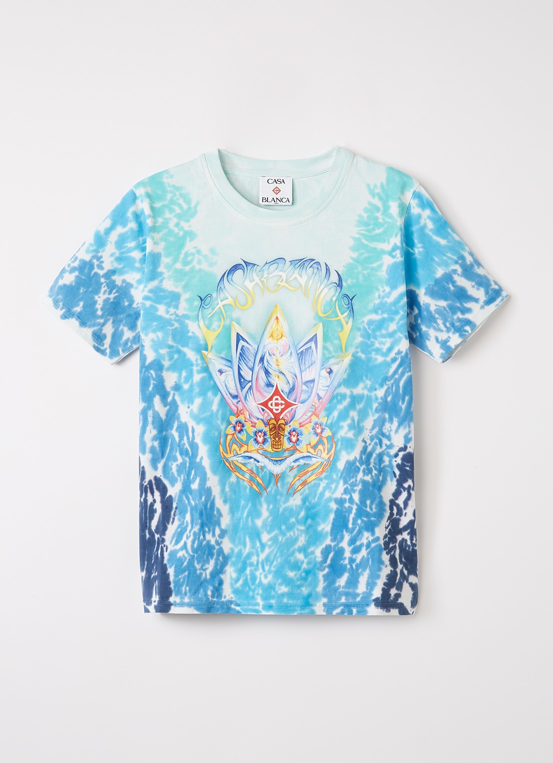 Casablanca Surf Lotus T-shirt met tie-dye dessin en logoprint - voorkant turquoise