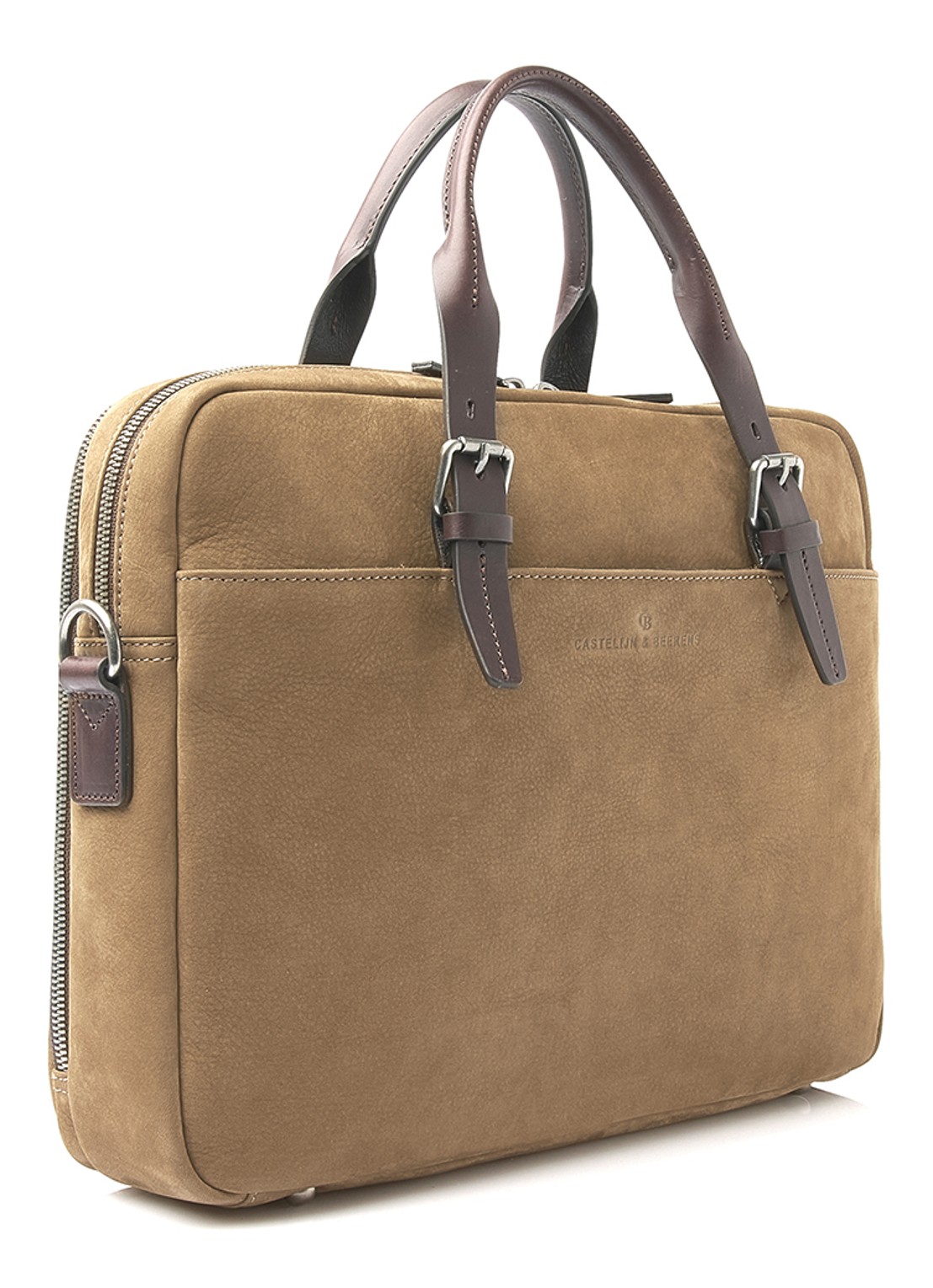 Castelijn & Beerens Laptoptas van nubuck met 15 inch laptopvak - voorkant 8 camel