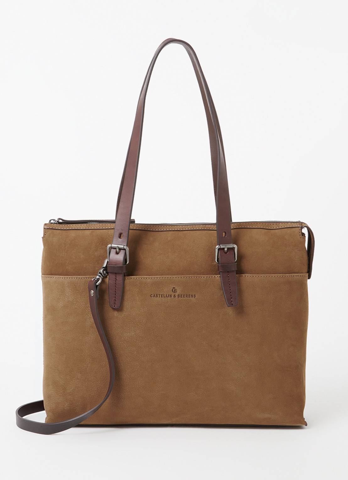 Castelijn & Beerens Nubuck schoudertas met 15,6 inch laptopvak - voorkant 7 zand