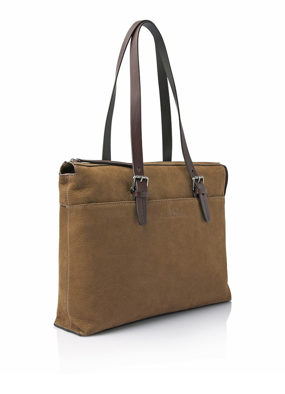 Castelijn & Beerens Nubuck schoudertas met 15,6 inch laptopvak - voorkant 8 zand
