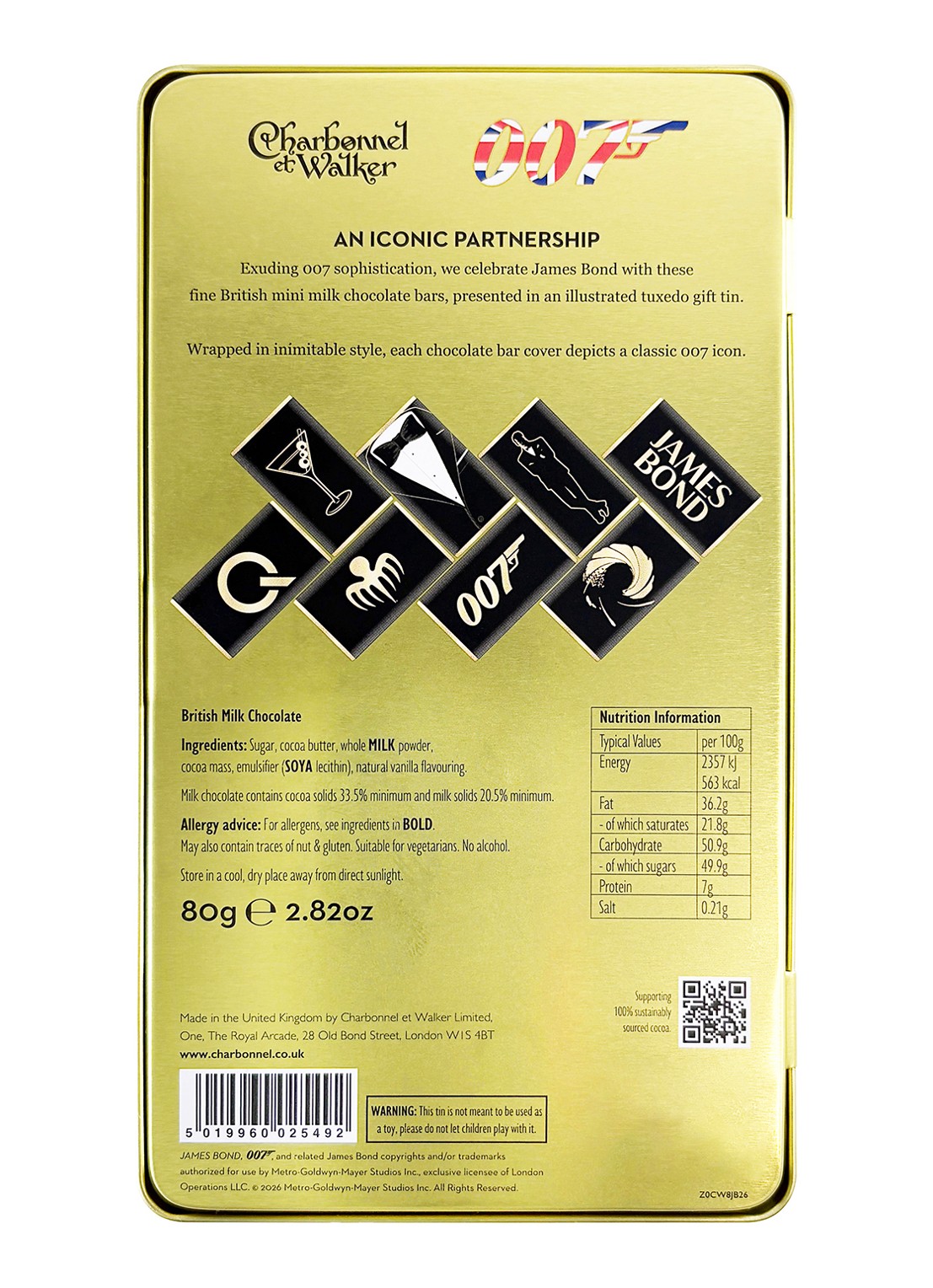 Charbonnel et Walker James Bond 007 chocolade in blik 80 gram 8 stuks - achterkant 3 beige