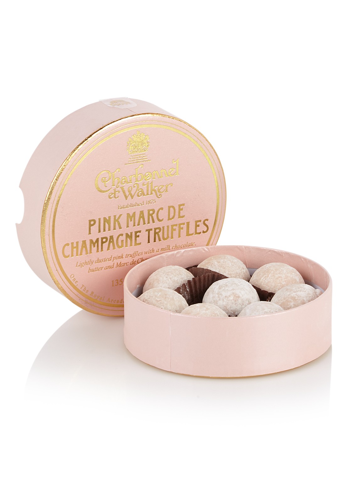 Charbonnel et Walker Pink Marc de Champagne chocolade truffels 8 stuks - voorkant roze