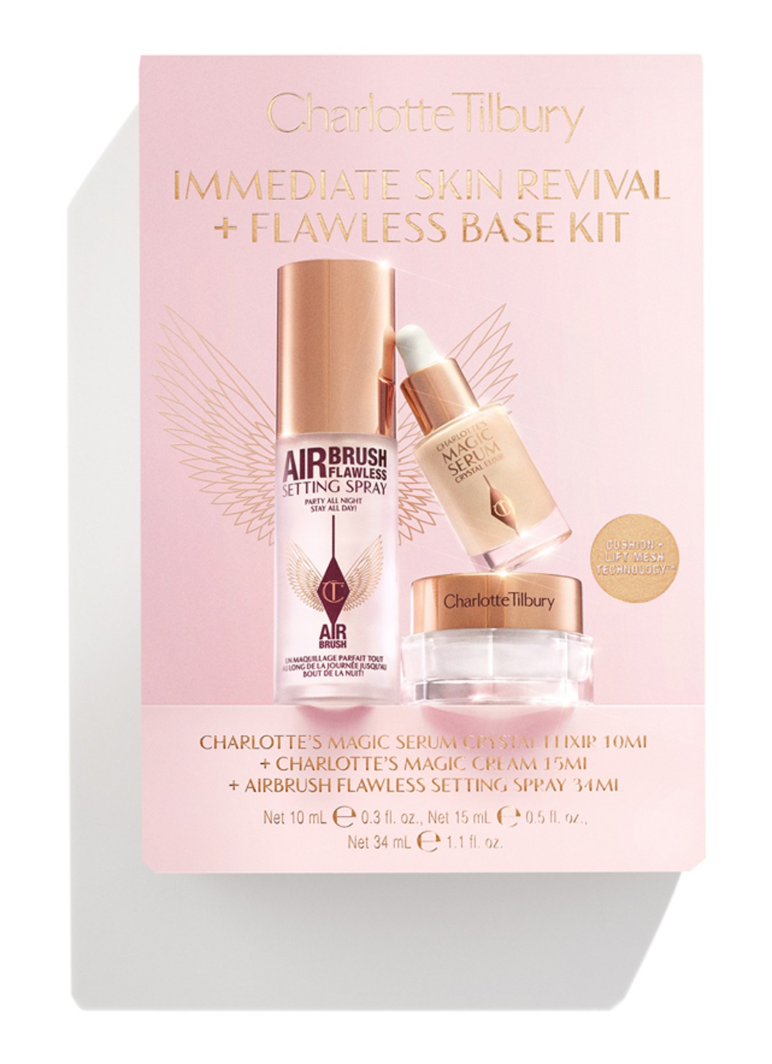 Charlotte Tilbury Immediate Skin Revival + Flawless Base Kit - travel size verzorgingsset  - voorkant 6 transparant