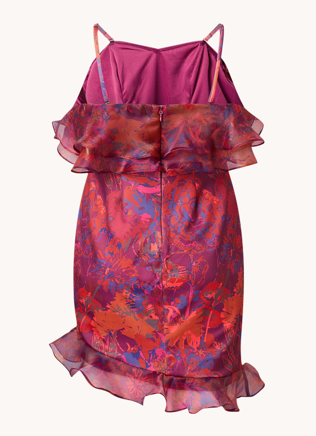 Chi Chi London Bardot mini jurk met ruches en bloemenprint - achterkant donkerroze