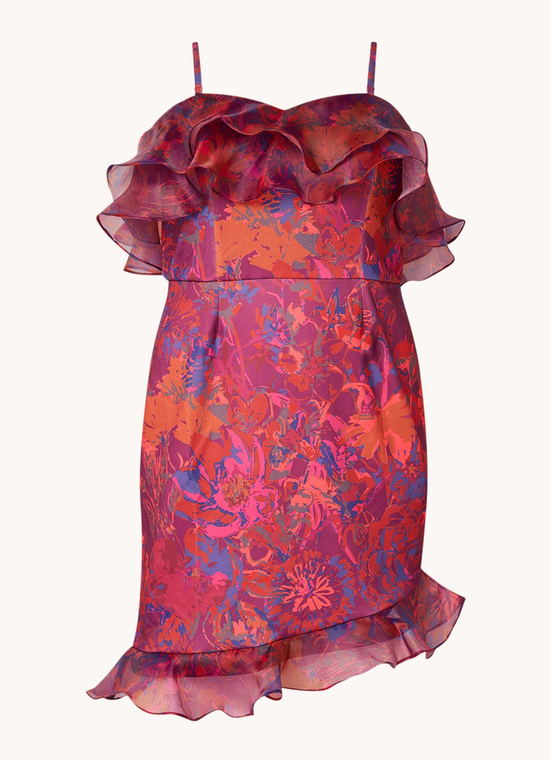 Chi Chi London Bardot mini jurk met ruches en bloemenprint - voorkant 3 donkerroze