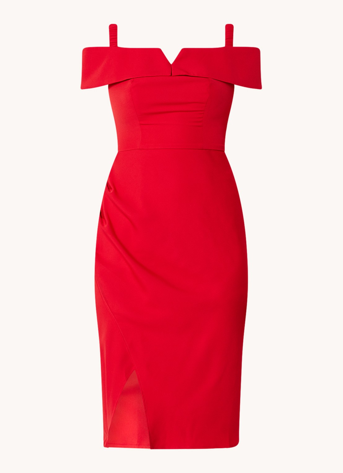 Chi Chi London Bardot off shoulder midi jurk met plooidetail en split - voorkant 3 rood