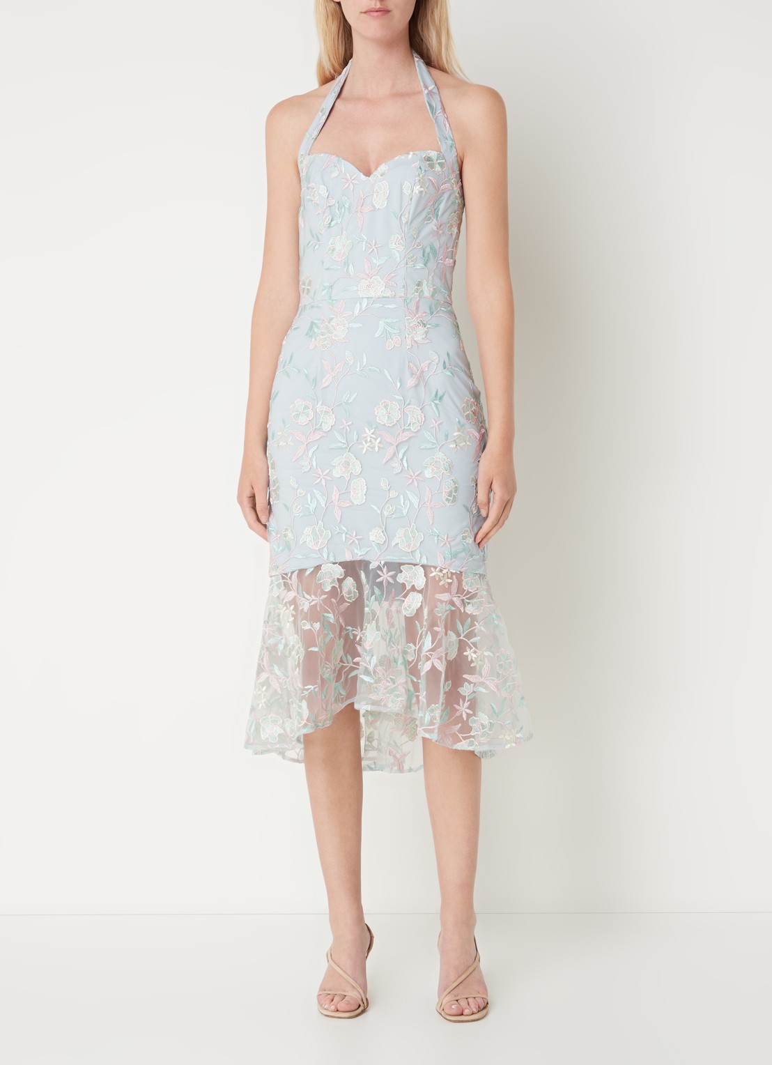 Chi Chi London Floral semi-transparante midi jurk met kant  - detail 2 lichtblauw