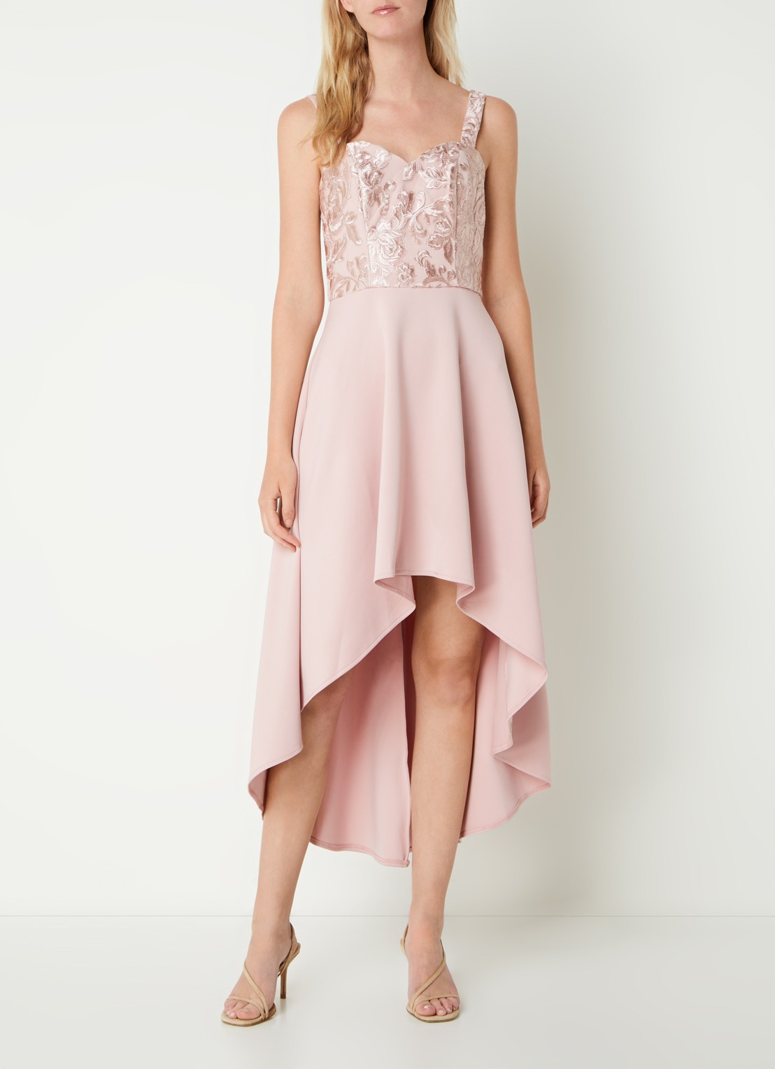 Chi Chi London Hem midi jurk met details van kant - voorkant 3 oudroze