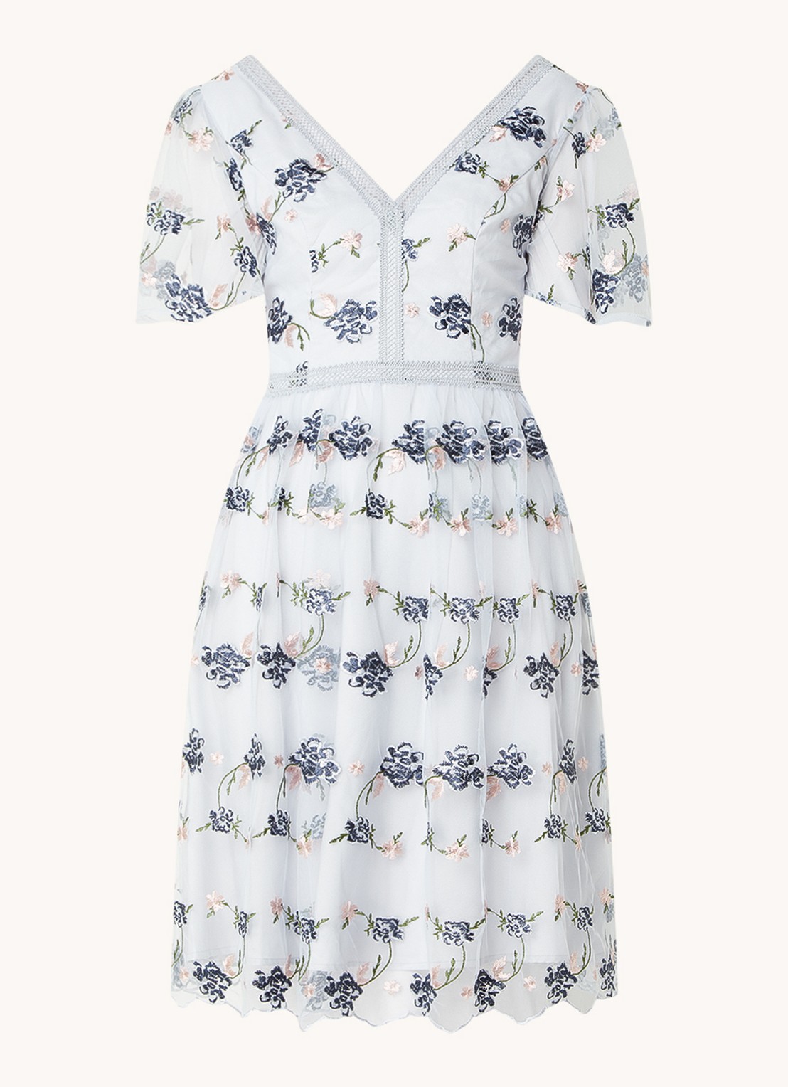 Chi Chi London Lace semi-transparante midi tuniekjurk van kant - voorkant 3 blauwgrijs