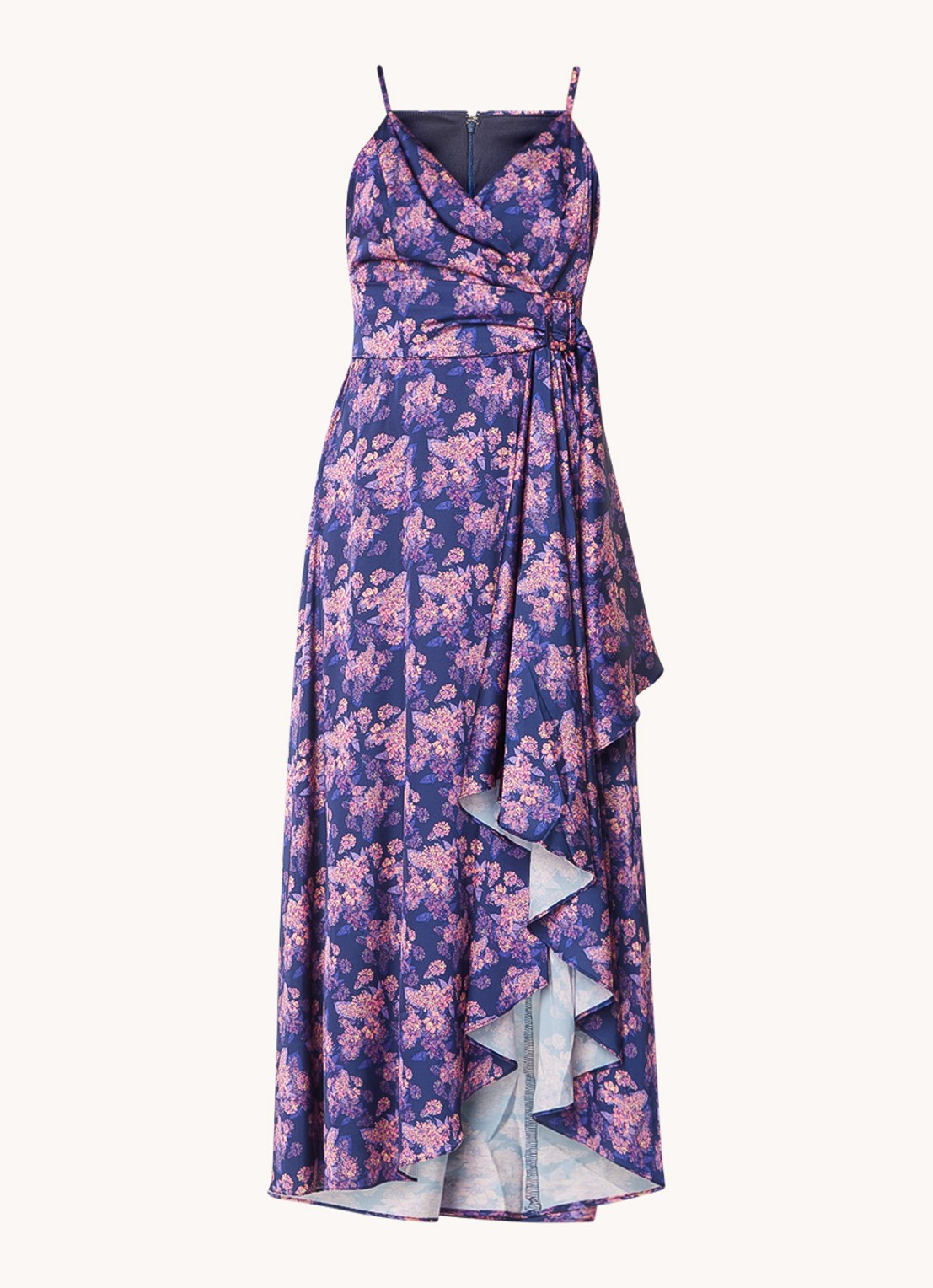 Chi Chi London Maxi jurk met bloemenprint en asymmetrische zoom - voorkant donkerblauw