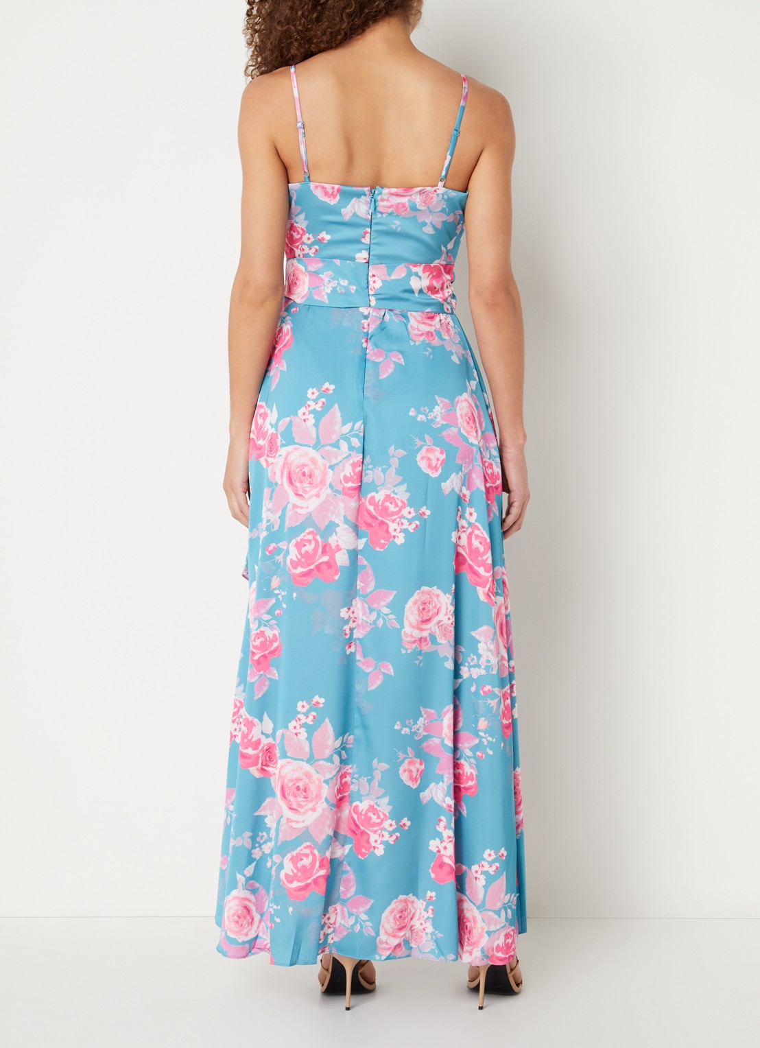 Chi Chi London Maxi jurk met bloemenprint en strikceintuur - achterkant turquoise