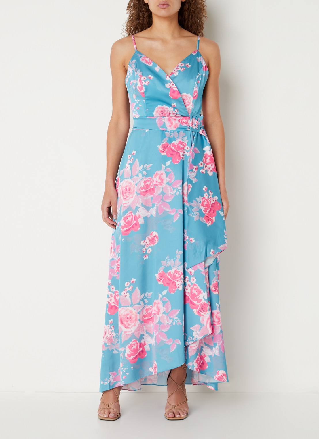 Chi Chi London Maxi jurk met bloemenprint en strikceintuur - detail 4 turquoise