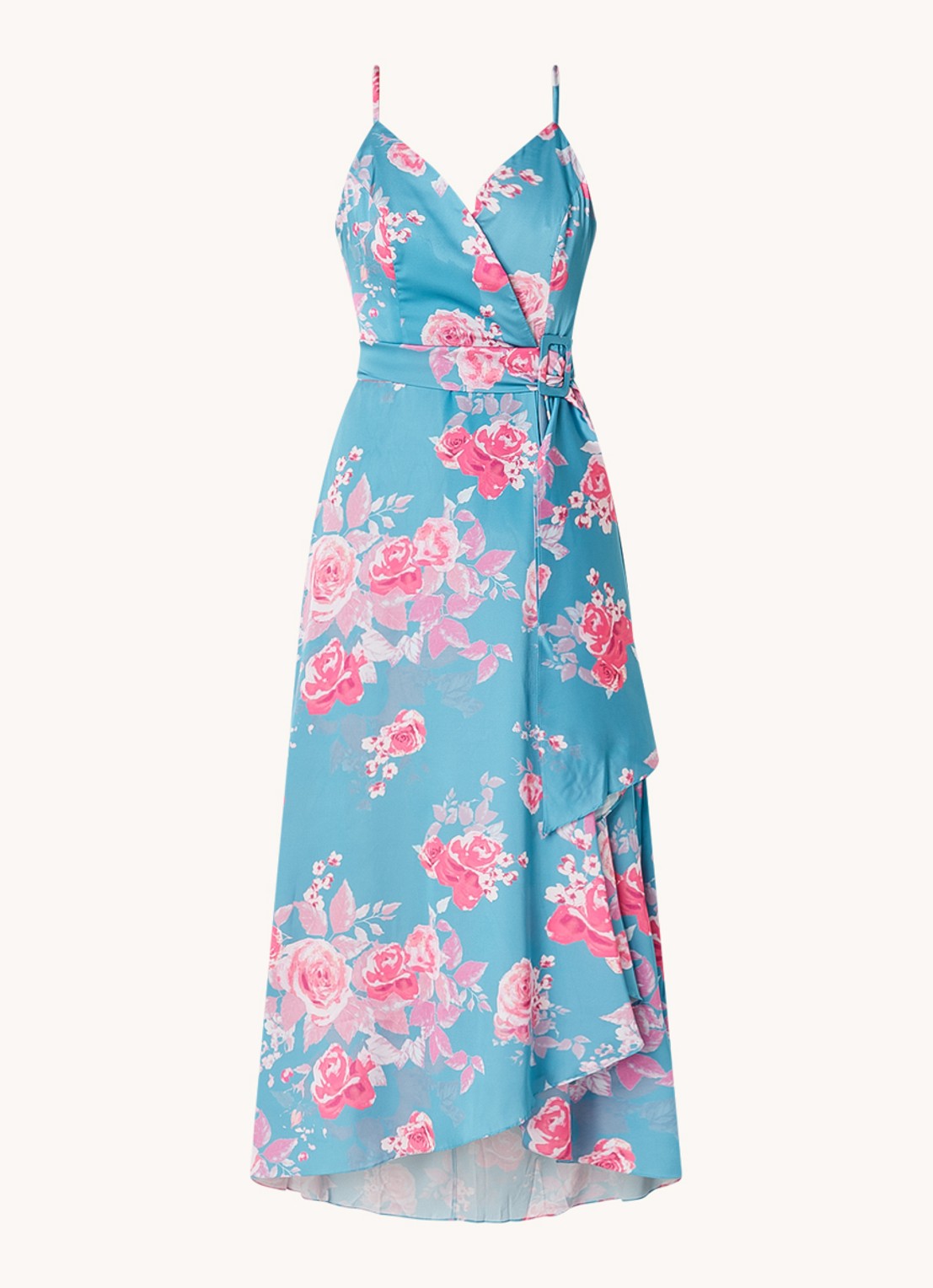 Chi Chi London Maxi jurk met bloemenprint en strikceintuur - voorkant 2 turquoise