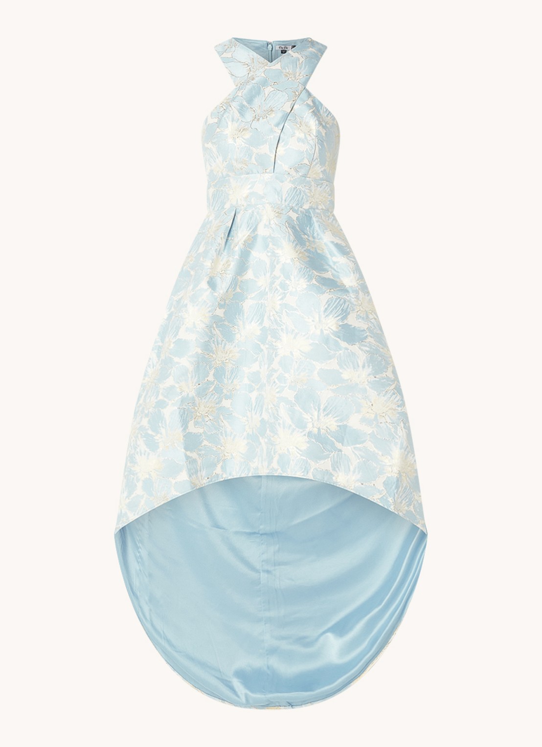 Chi Chi London Midi jurk met jacquard bloemenprint en asymmetrische zoom - voorkant 2 lichtblauw