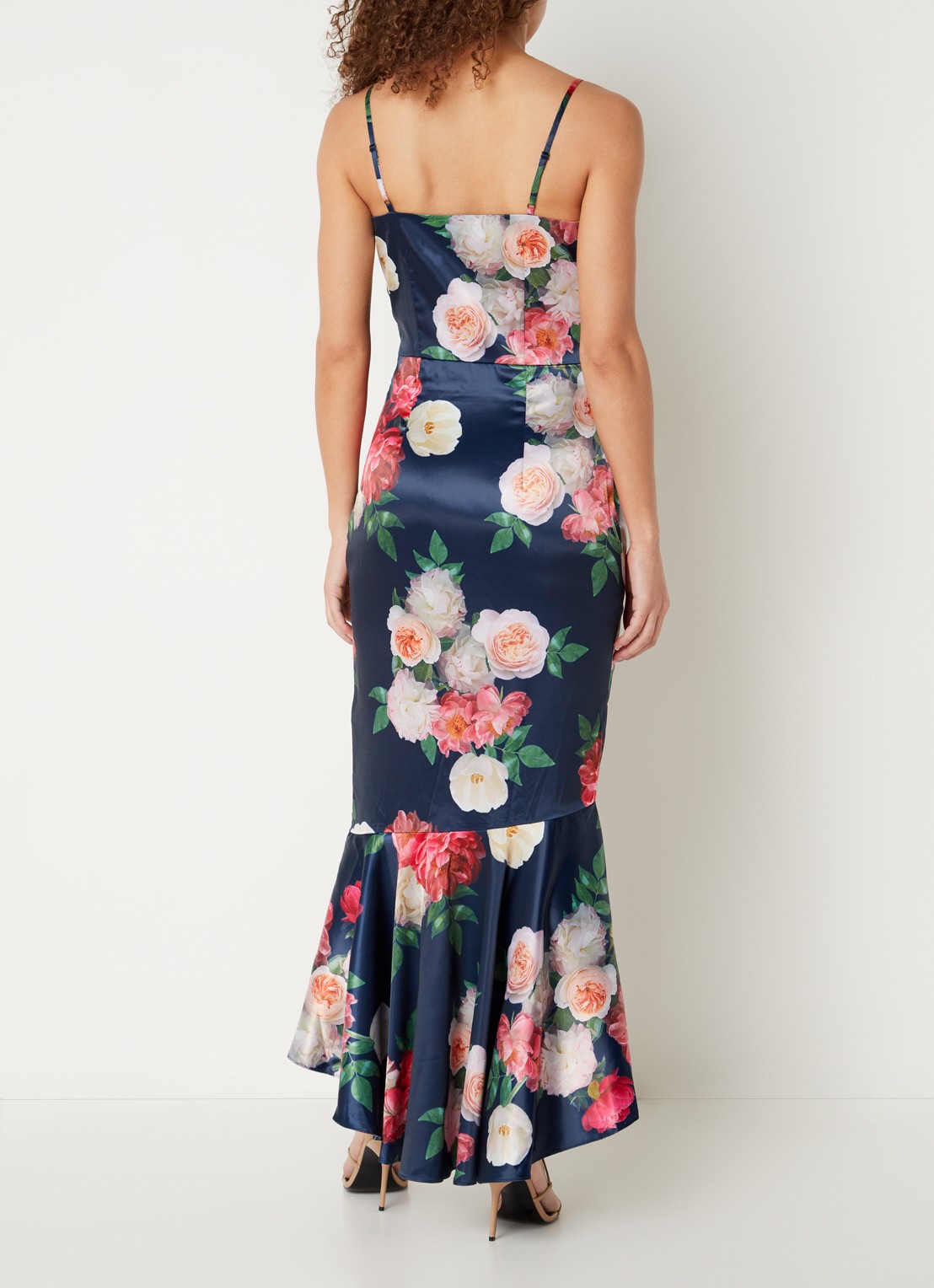 Chi Chi London Midi jurk van satijn met bloemeprint en plooidetail - achterkant donkerblauw