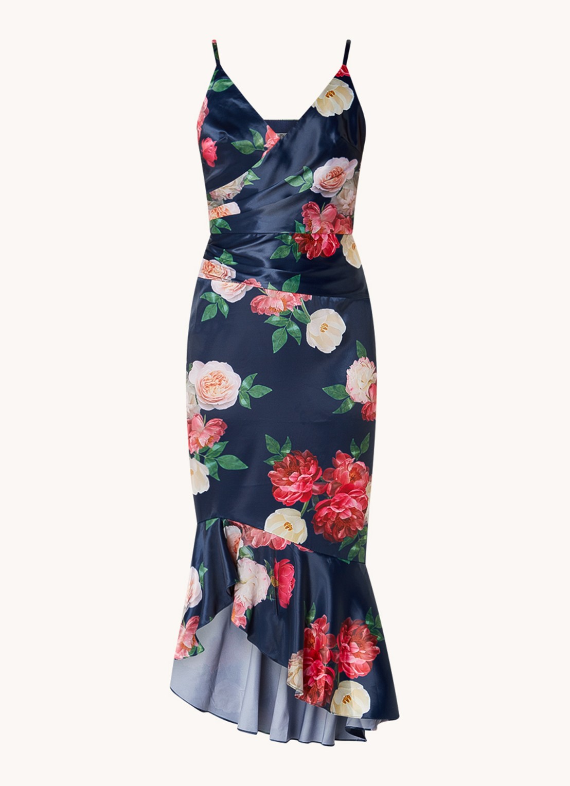 Chi Chi London Midi jurk van satijn met bloemeprint en plooidetail - voorkant 2 donkerblauw