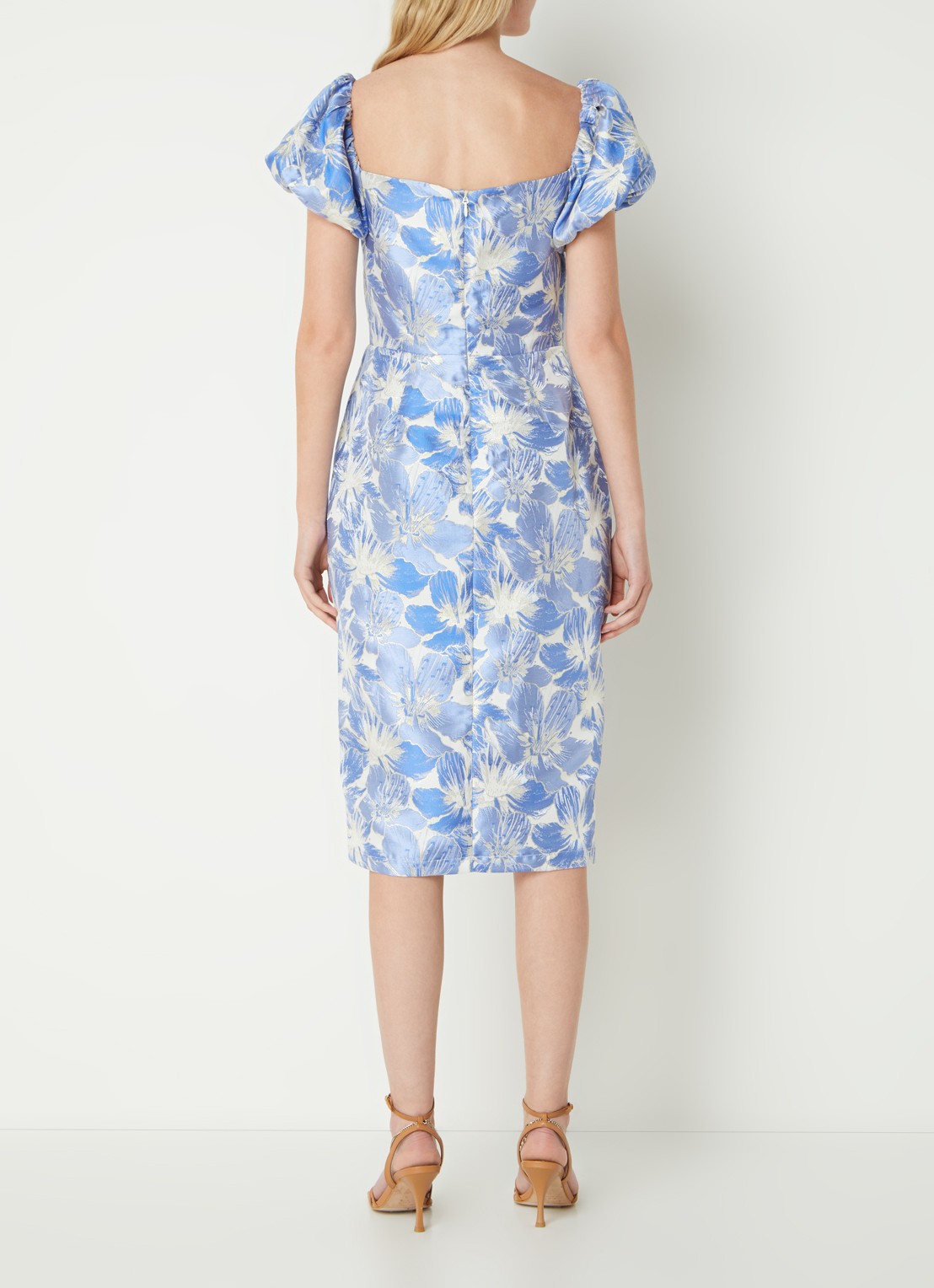 Chi Chi London Midi kokerjurk met jacquard dessin en lurex - achterkant blauw