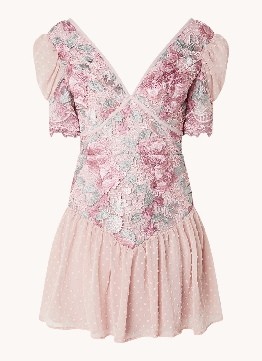 Chi Chi London Mini jurk met broderie en pofmouw - voorkant 2 oudroze