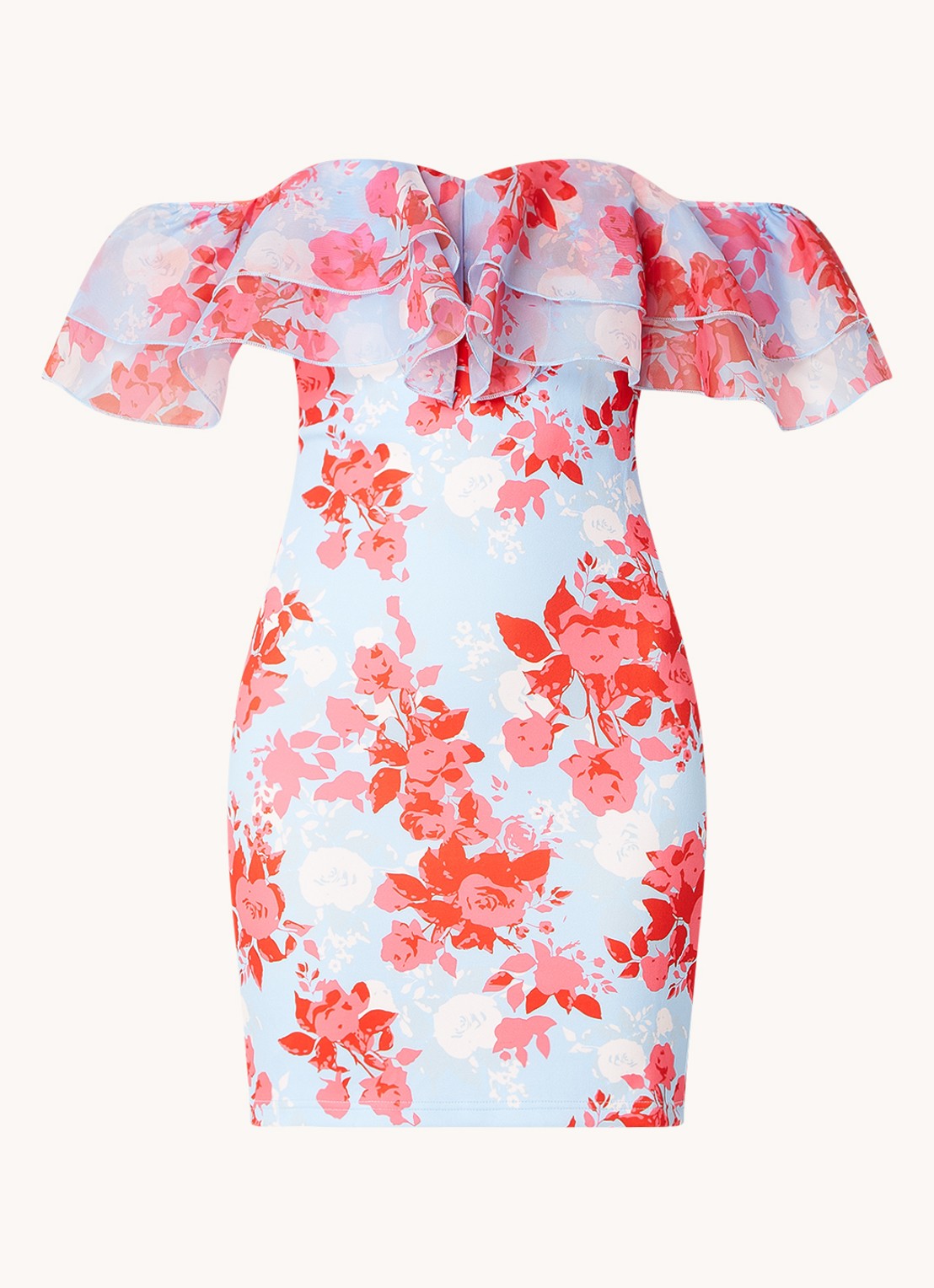 Chi Chi London Mini jurk met volant en bloemenprint - voorkant 2 lichtblauw
