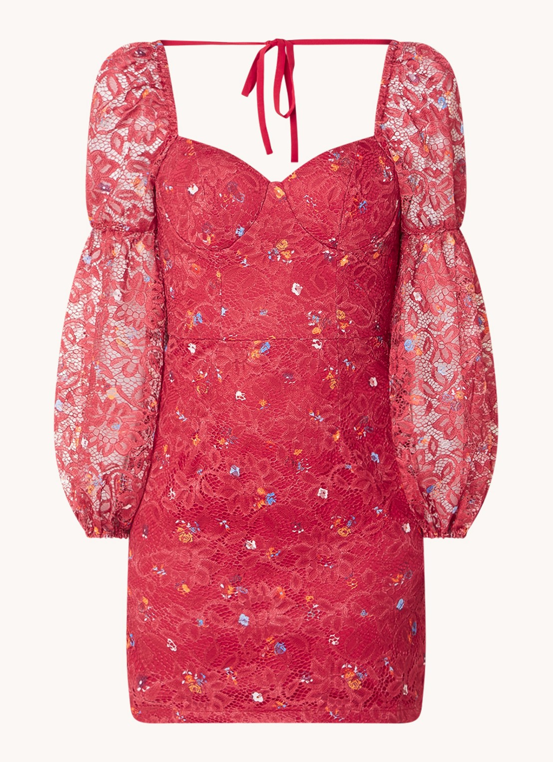 Chi Chi London Mini jurk van kant met ballonmouw en rugdecolleté - voorkant 2 rood