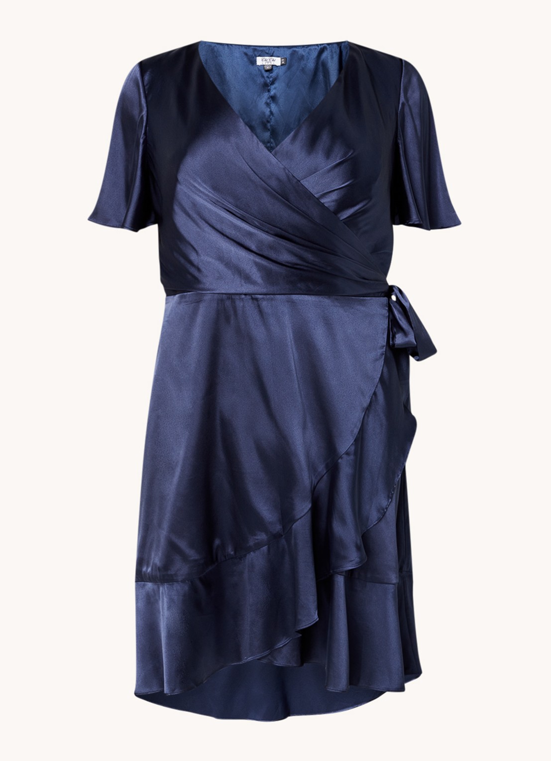Chi Chi London Mini wikkeljurk met strikceintuur en volant - voorkant donkerblauw