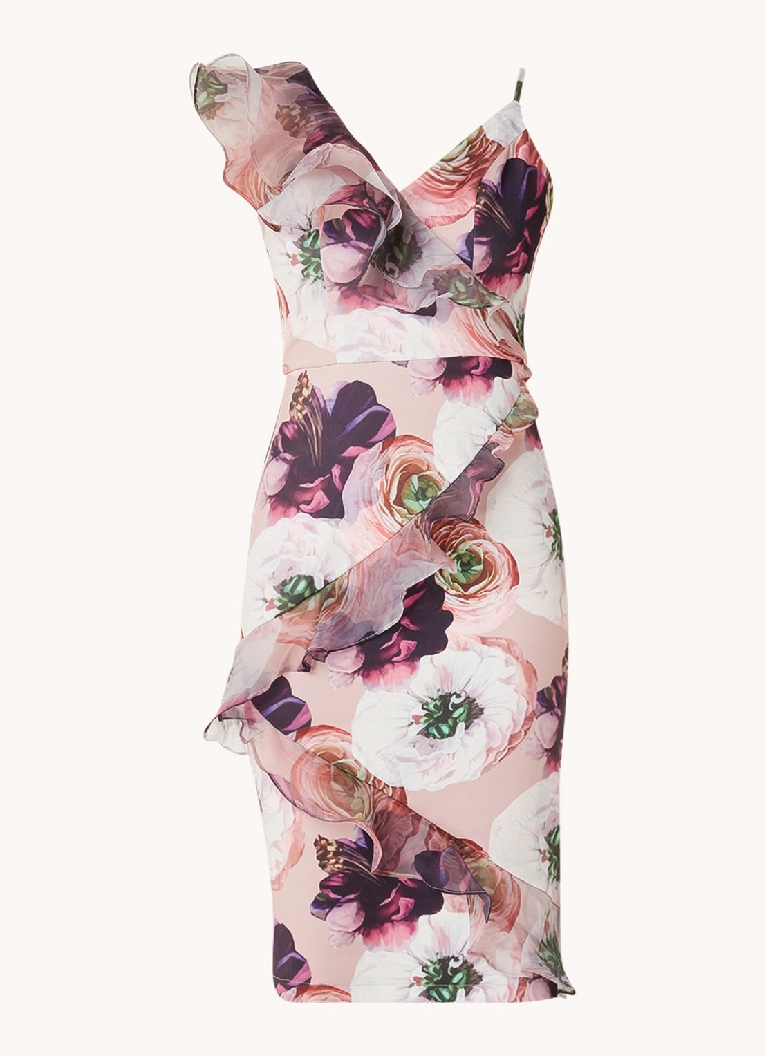 Chi Chi London One shoulder mini jurk met bloemenprint en volant - voorkant 4 lichtroze