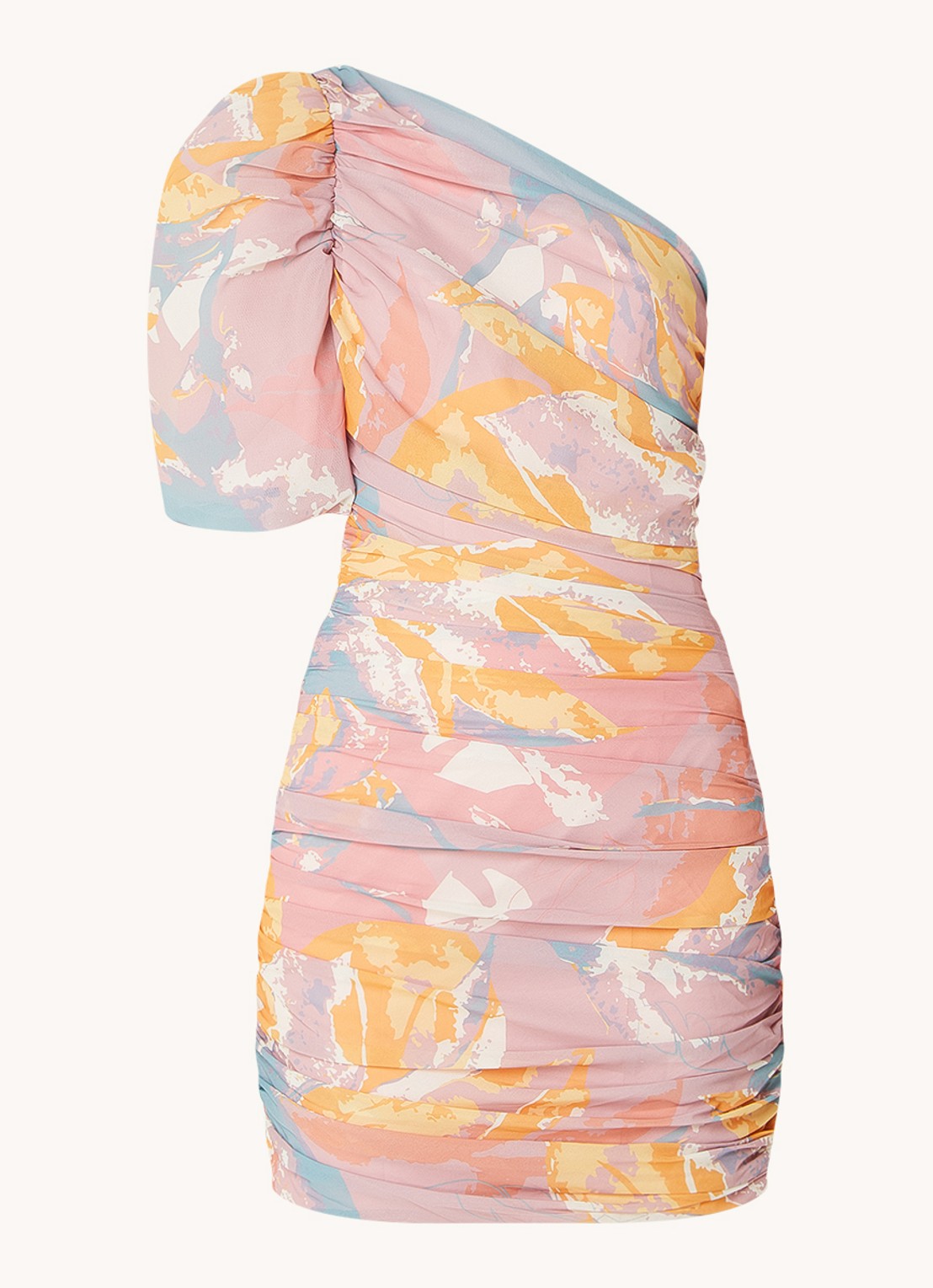 Chi Chi London One shoulder mini jurk met grafische print en pofmouw - voorkant 3 oudroze