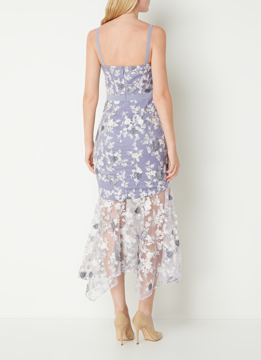 Chi Chi London Peplum semi-transparante midi jurk van kant - achterkant lavendel