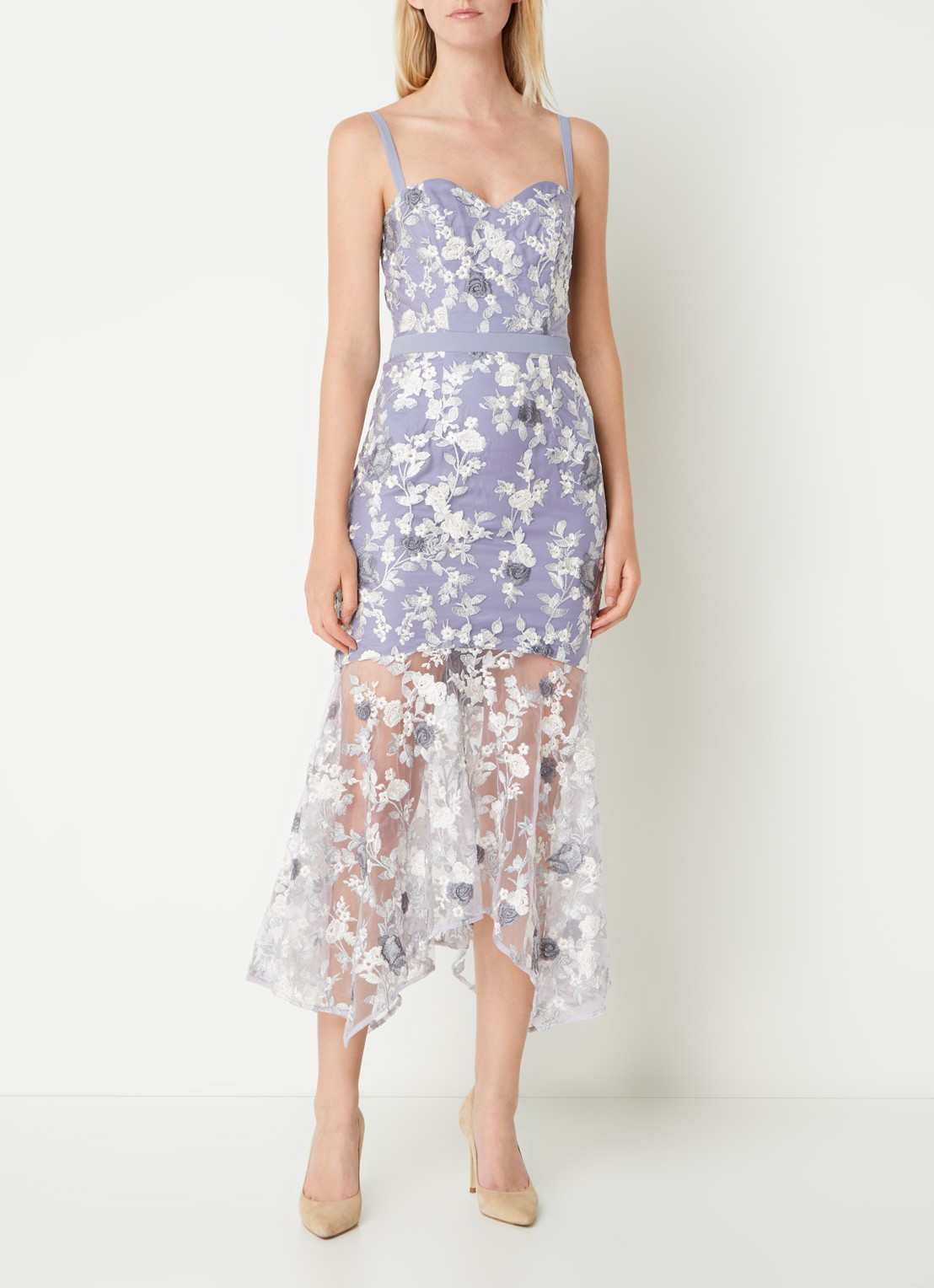 Chi Chi London Peplum semi-transparante midi jurk van kant - detail 4 lavendel