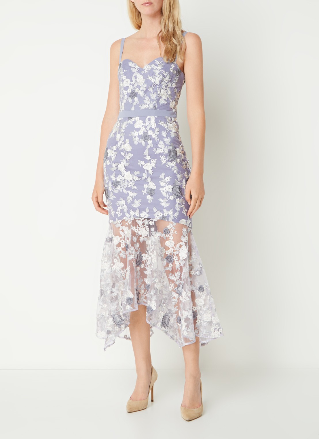 Chi Chi London Peplum semi-transparante midi jurk van kant - voorkant 3 lavendel