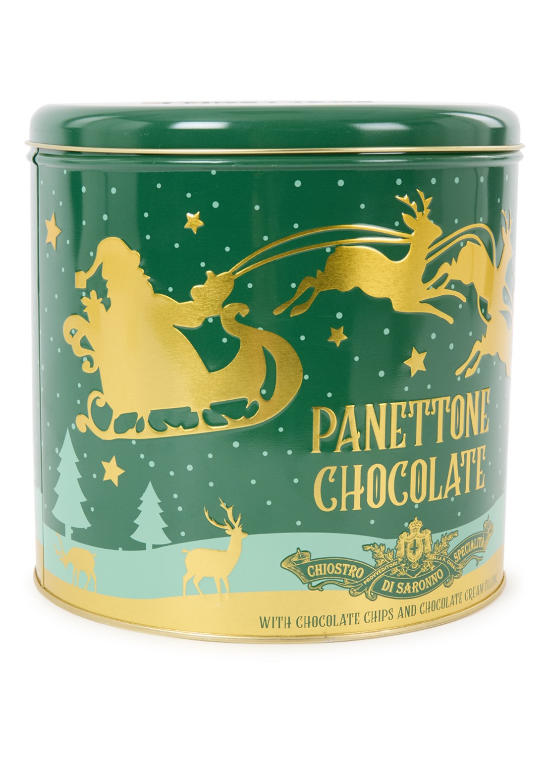 Chiostro di Saronno Golden Reindeer Chocolate panettone in bewaarblik 750 gram - voorkant undefined