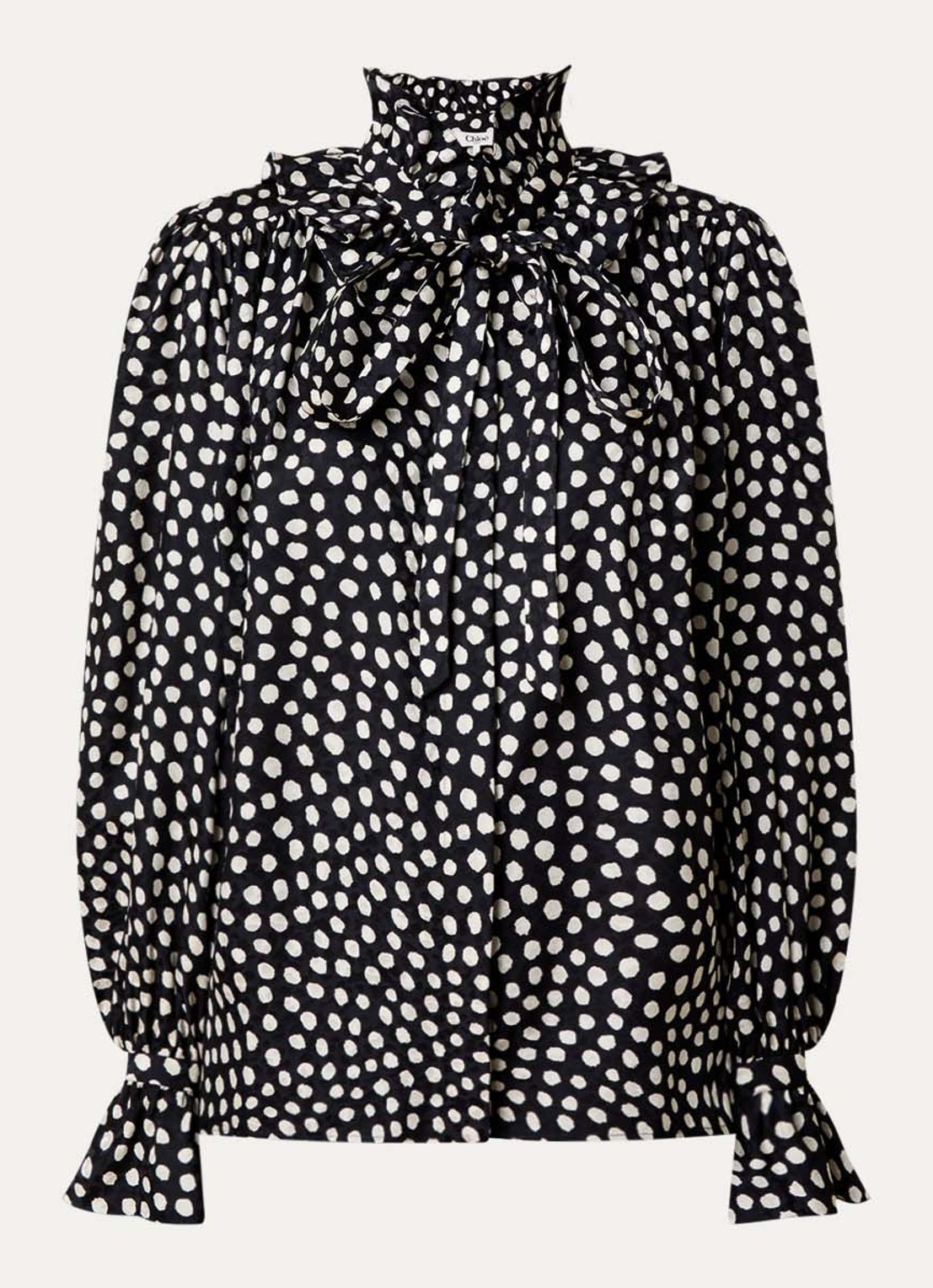 Chloé Blouse van zijde met sjaalkraag en stippenprint - voorkant zwart