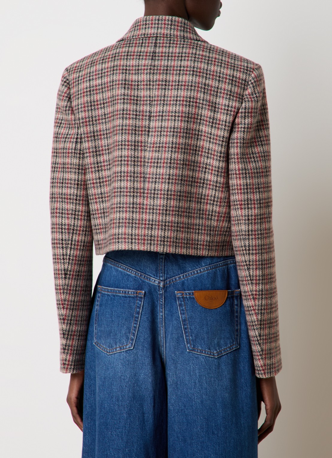 Chloé Cropped blazer van wol met ruitdessin - achterkant 6 donkerbeige