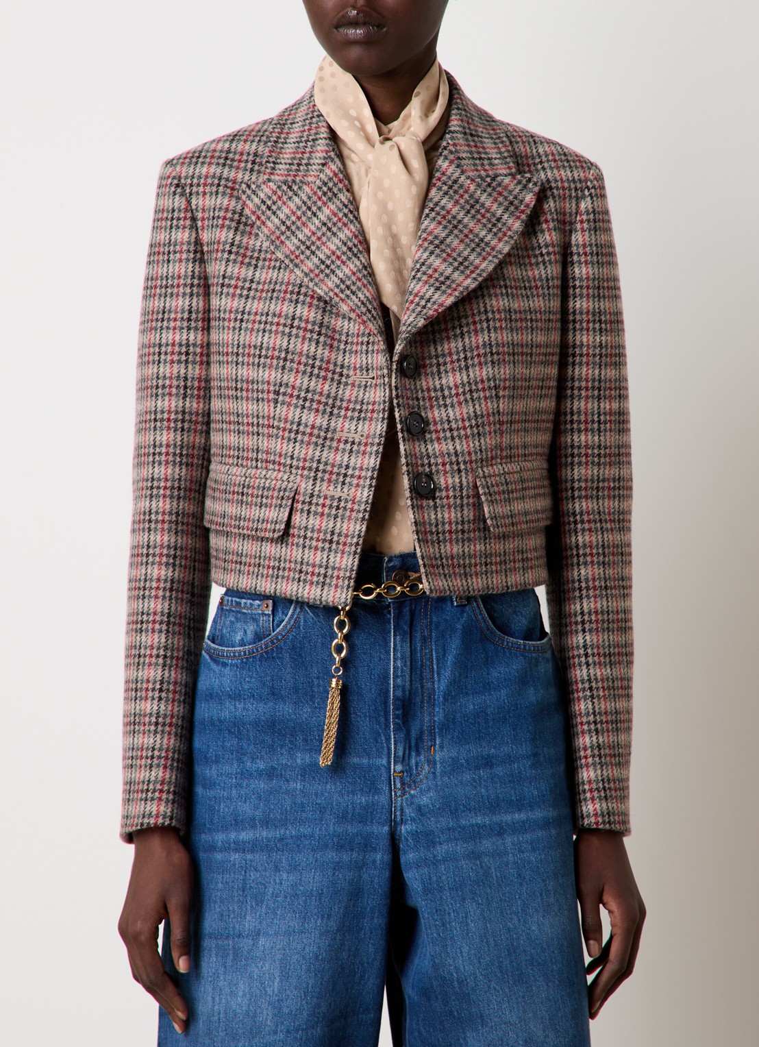 Chloé Cropped blazer van wol met ruitdessin - detail donkerbeige