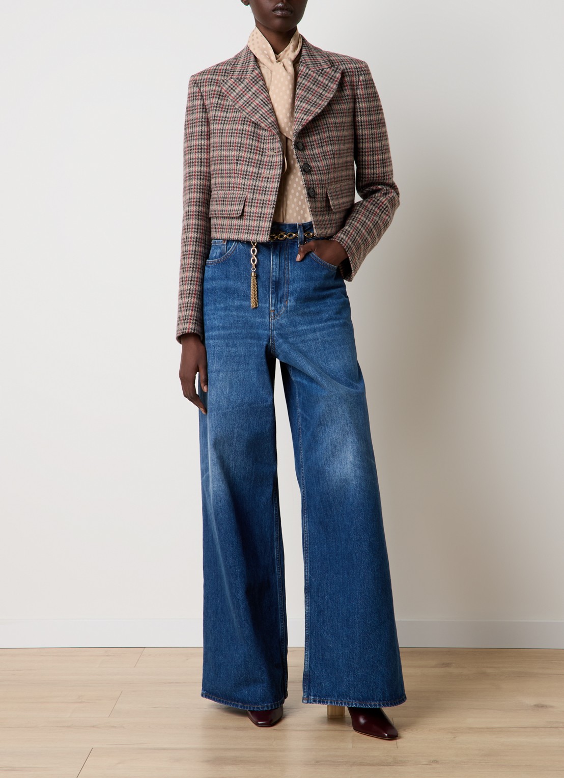 Chloé Cropped blazer van wol met ruitdessin - voorkant 5 donkerbeige