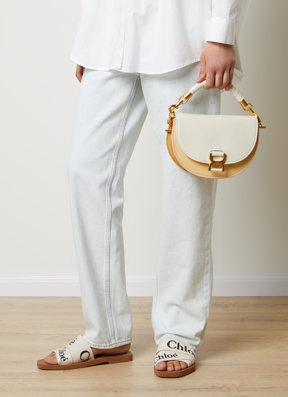 Chloé Marcie crossbodytas van kalfsleer met suède details - voorkant 2 gebroken wit