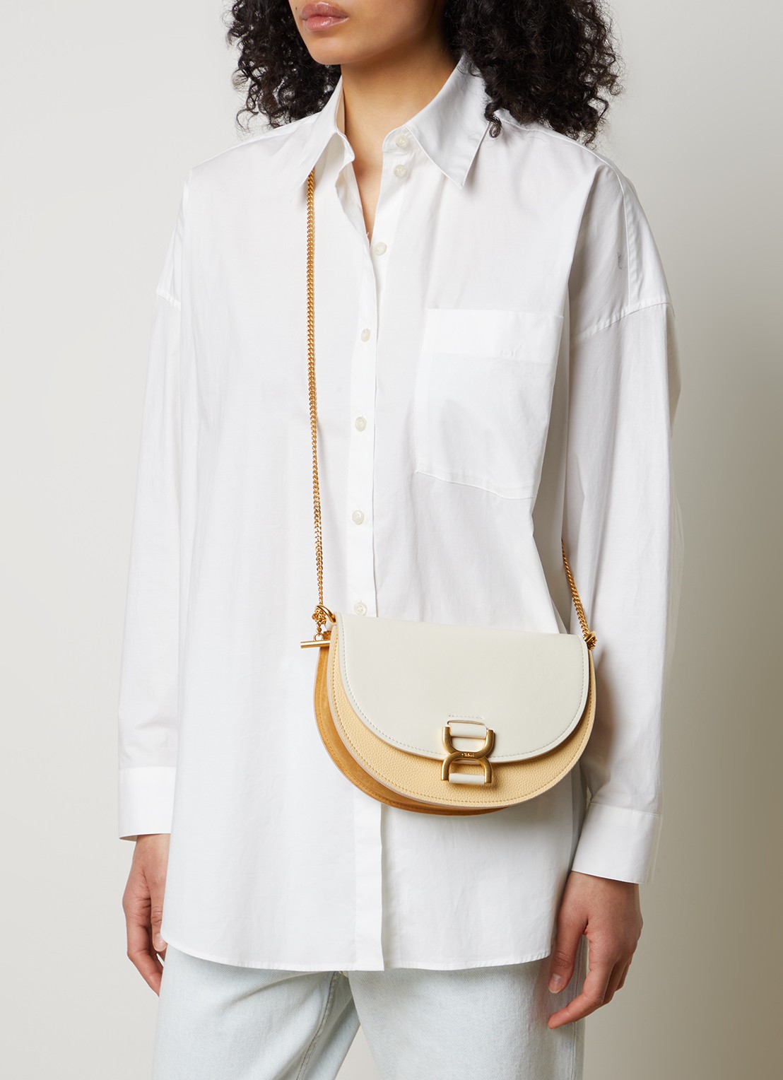 Chloé Marcie crossbodytas van kalfsleer met suède details - voorkant 3 gebroken wit