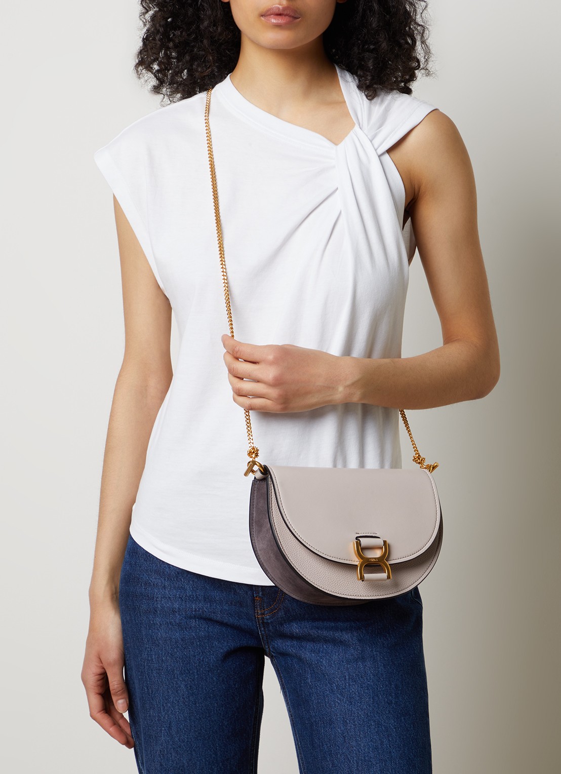 Chloé Marcie handtas van kalfsleer met suède details - voorkant 7 taupe