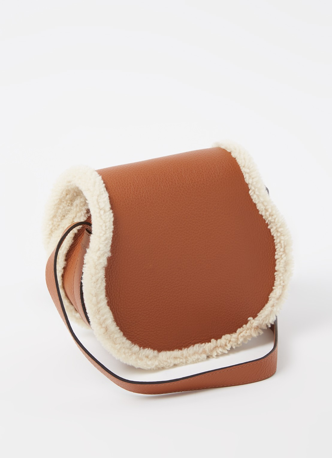 Chloé Marcie Mini crossbodytas van kalfsleer met schapenvacht - achterkant cognac
