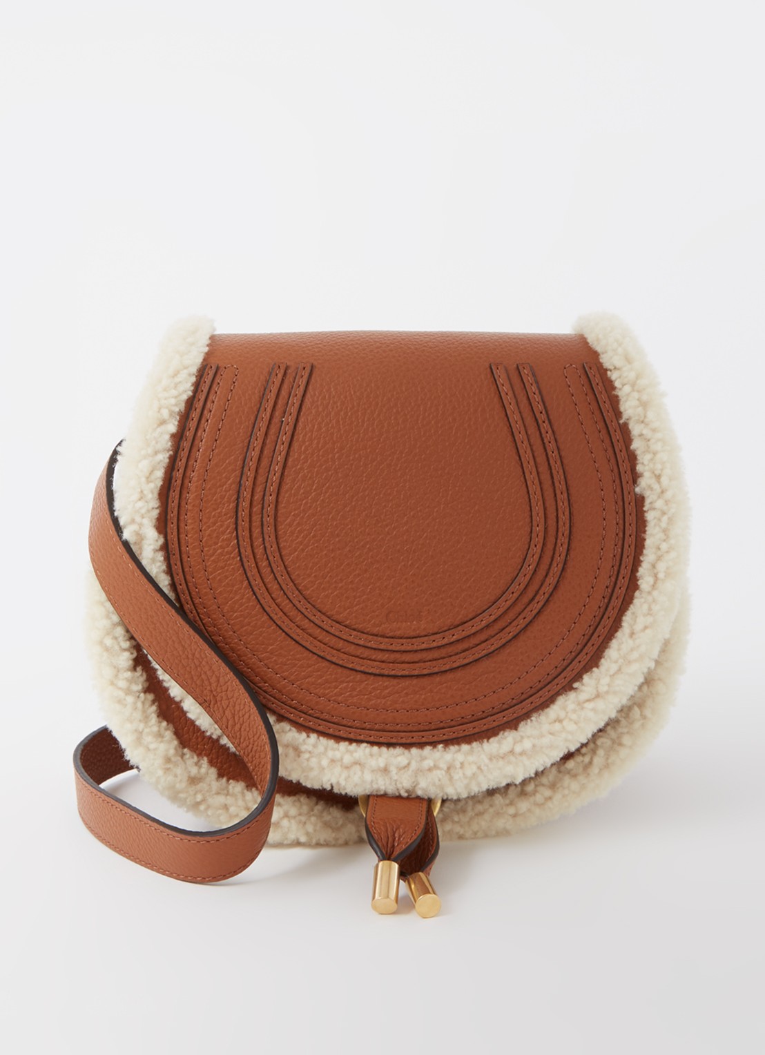 Chloé Marcie Mini crossbodytas van kalfsleer met schapenvacht - voorkant 2 cognac