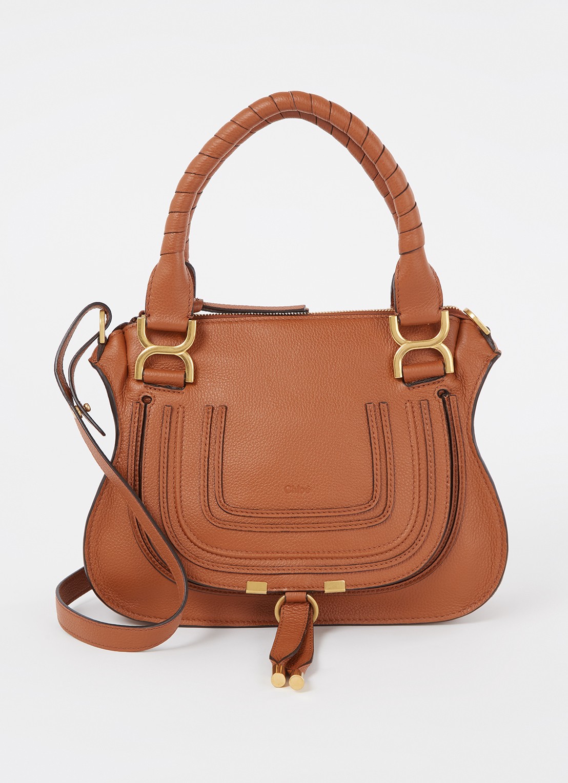 Chloé Marcie Small handtas van kalfsleer - voorkant 5 cognac