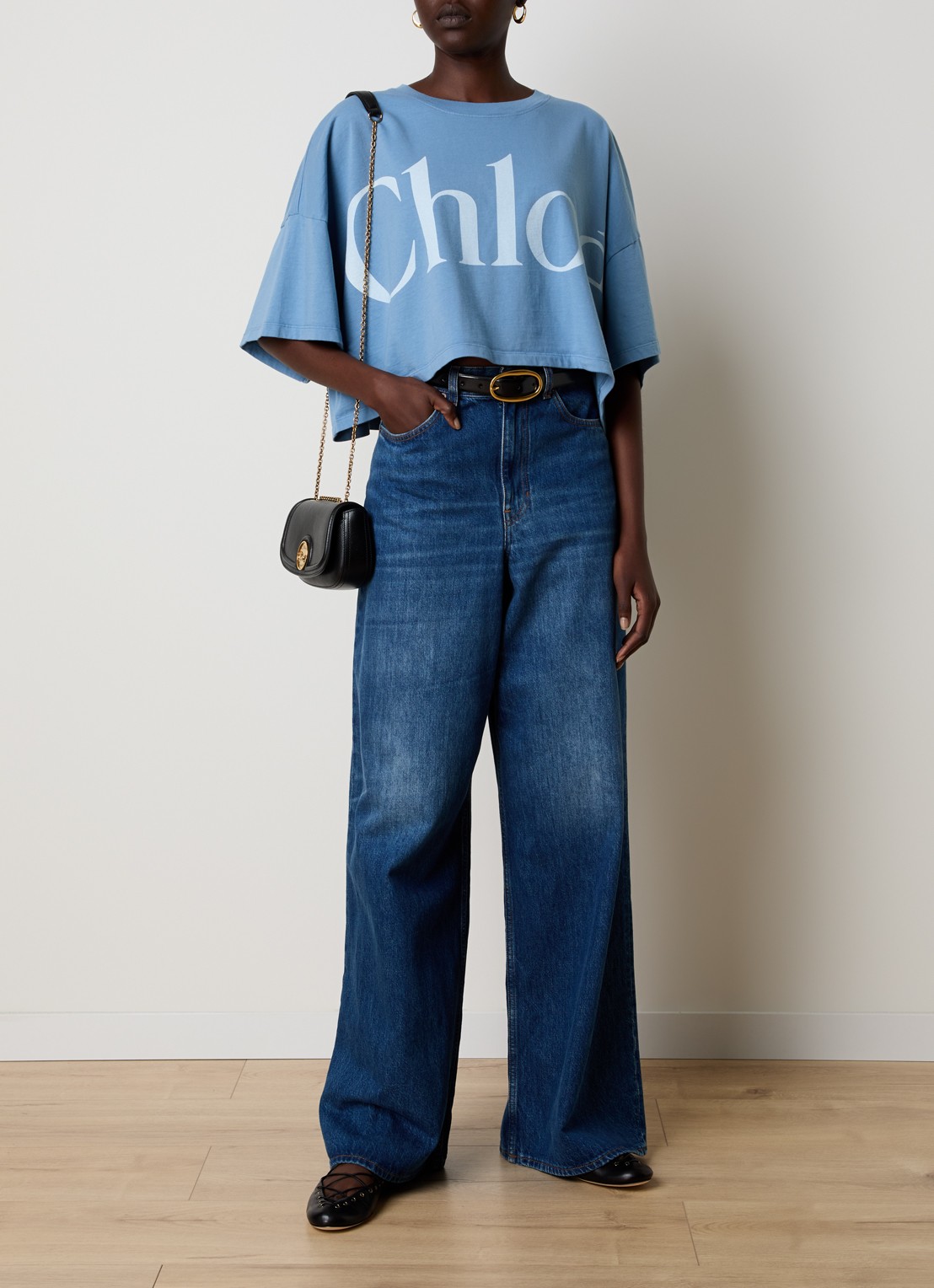 Chloé Oversized cropped T-shirt met logoprint - voorkant 5 staalblauw