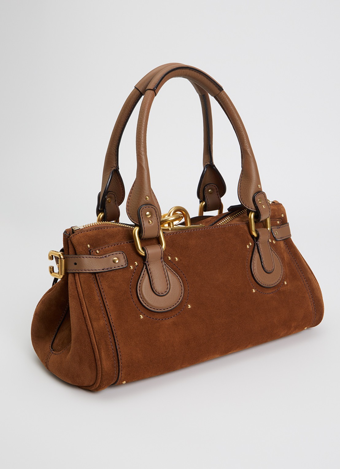 Chloé Paddington schoudertas van kalfssuède en kalfsleren details - achterkant cognac